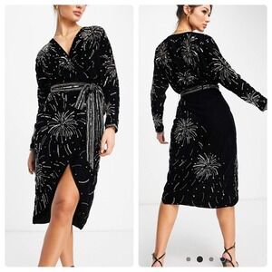 ASOS Design Velvet Midi Dress With Celestial Embellishment Black Wrap Style